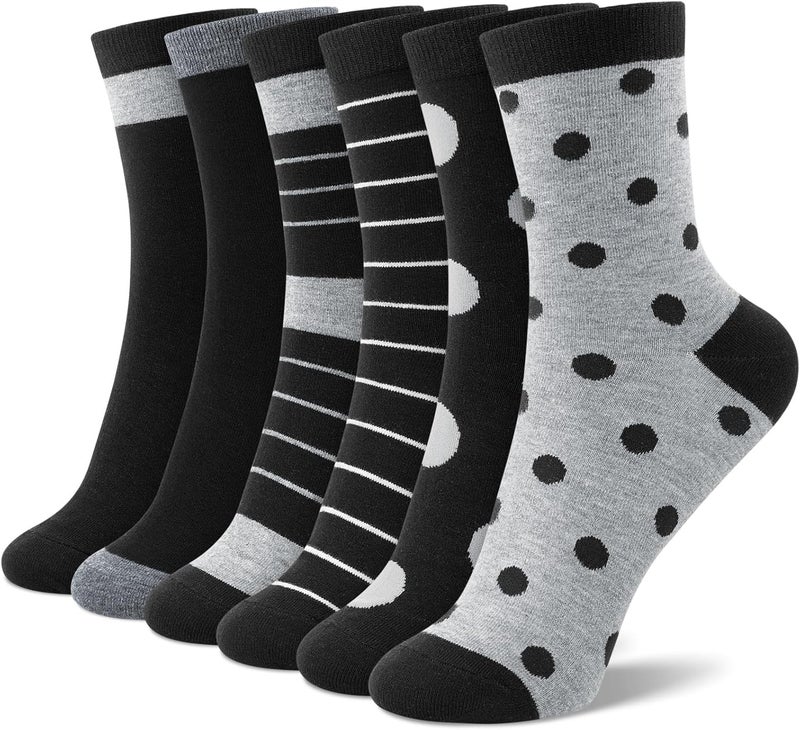Socksfad Store 6 Pairs Cotton Crew Socks for Women, Breathable Novelty Funny Striped Dot Casual Cute Calf Socks Size 6-12 - Image 1